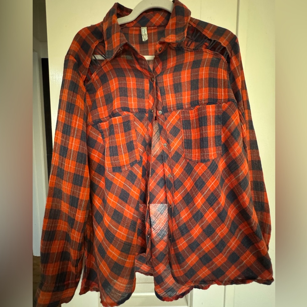 Free People Women's Lace-Up Shoulder Plaid Snap Button Shirt Size S Orange Blue
